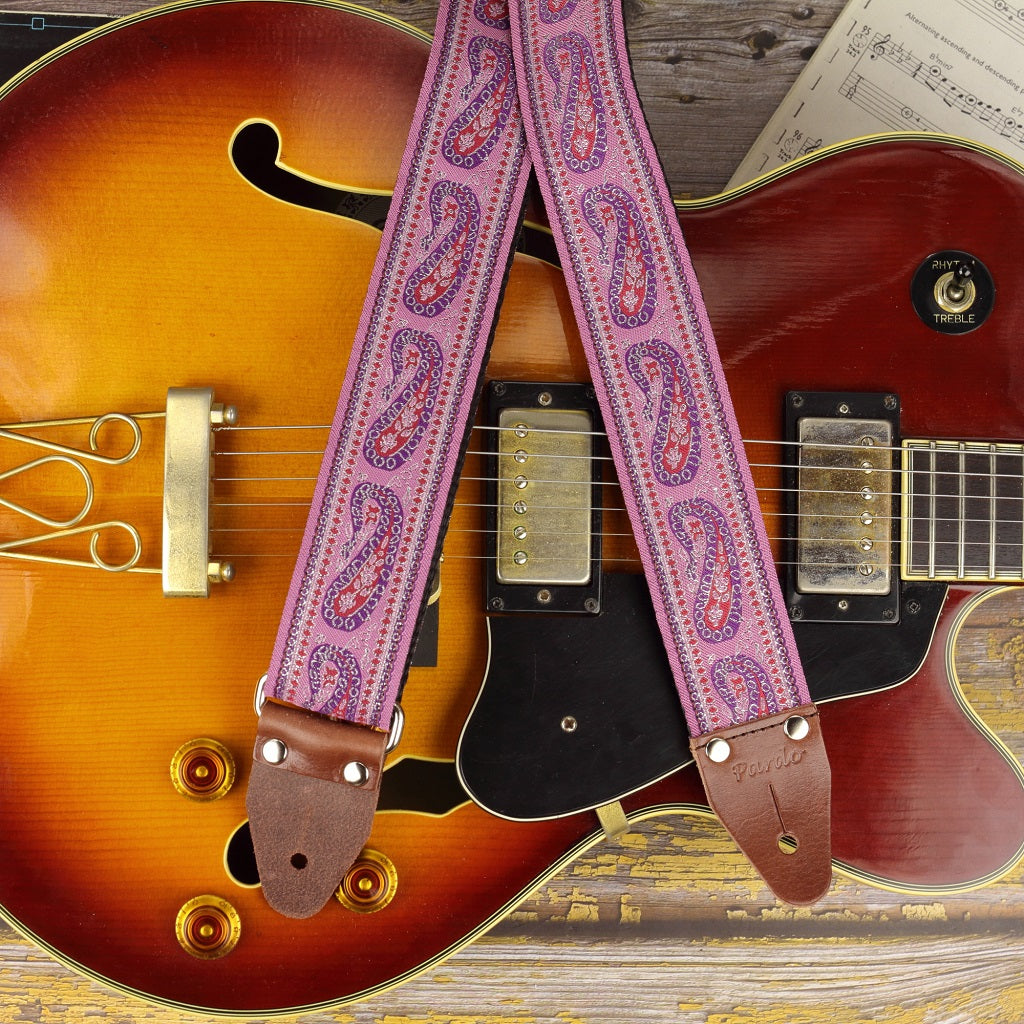 Stylish Lilac Guitar Strap with a paisley pattern- handcrafted for Musicians and guitarists