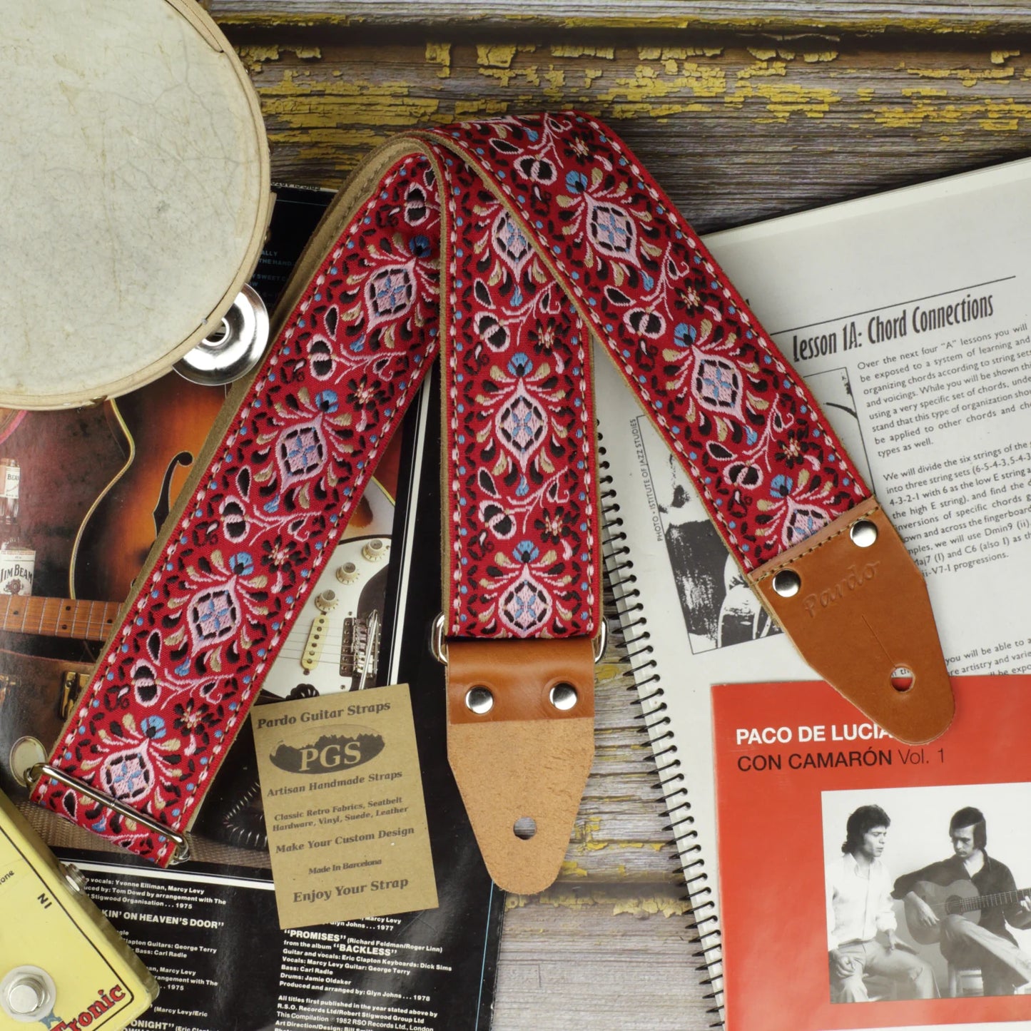 Scarlet Weave jacquard long guitar strap with ornamental woven pattern XL Series