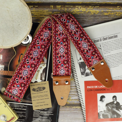 Scarlet Weave jacquard long guitar strap with ornamental woven pattern XL Series