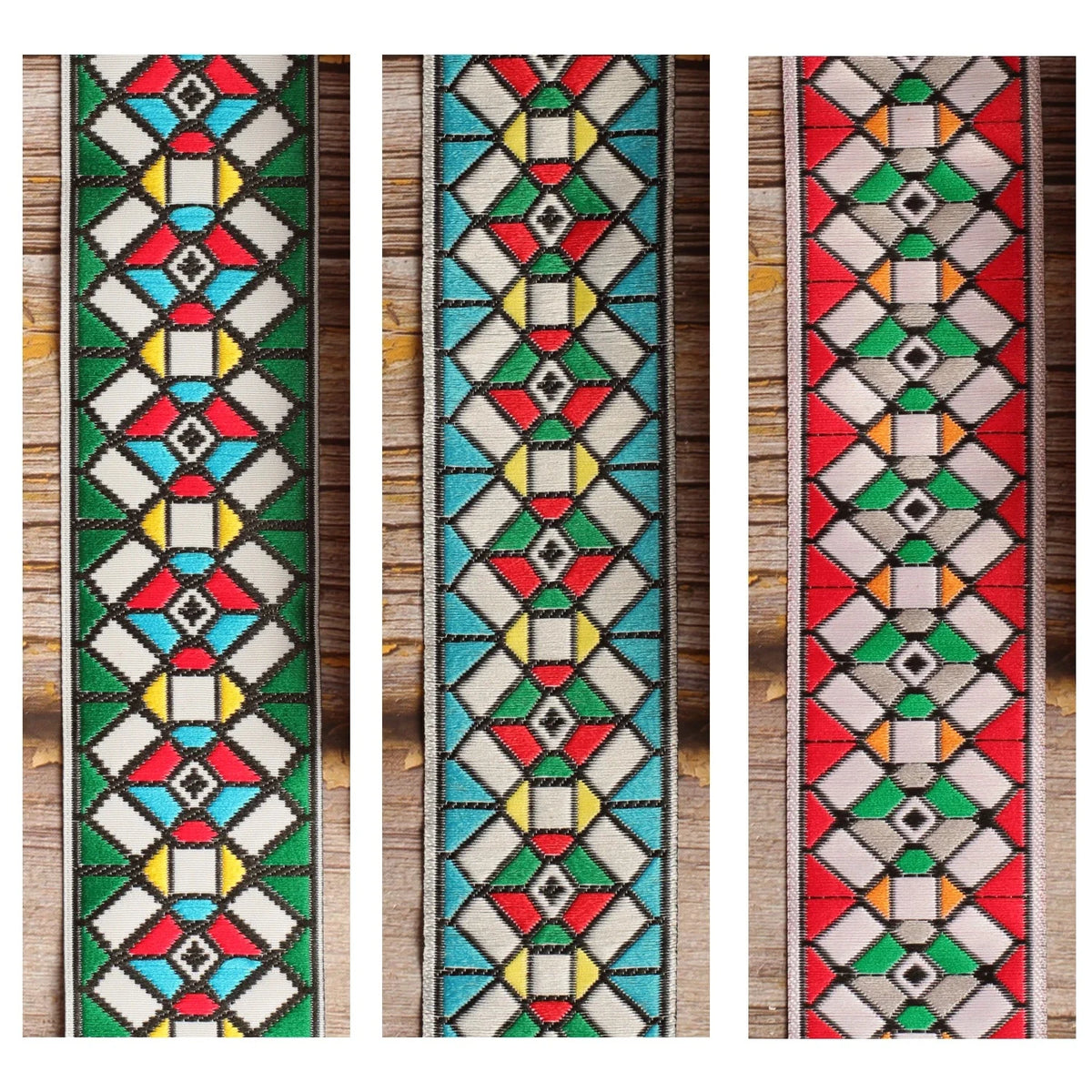 Stockholm guitar strap shown in three distinctive colorways side by side, highlighting the shared woven geometric pattern.