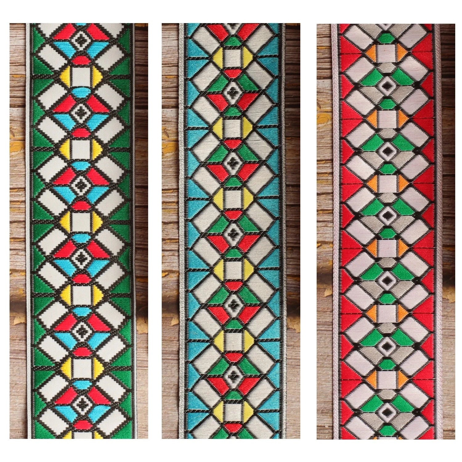 Stockholm guitar strap shown in three distinctive colorways side by side, highlighting the shared woven geometric pattern.