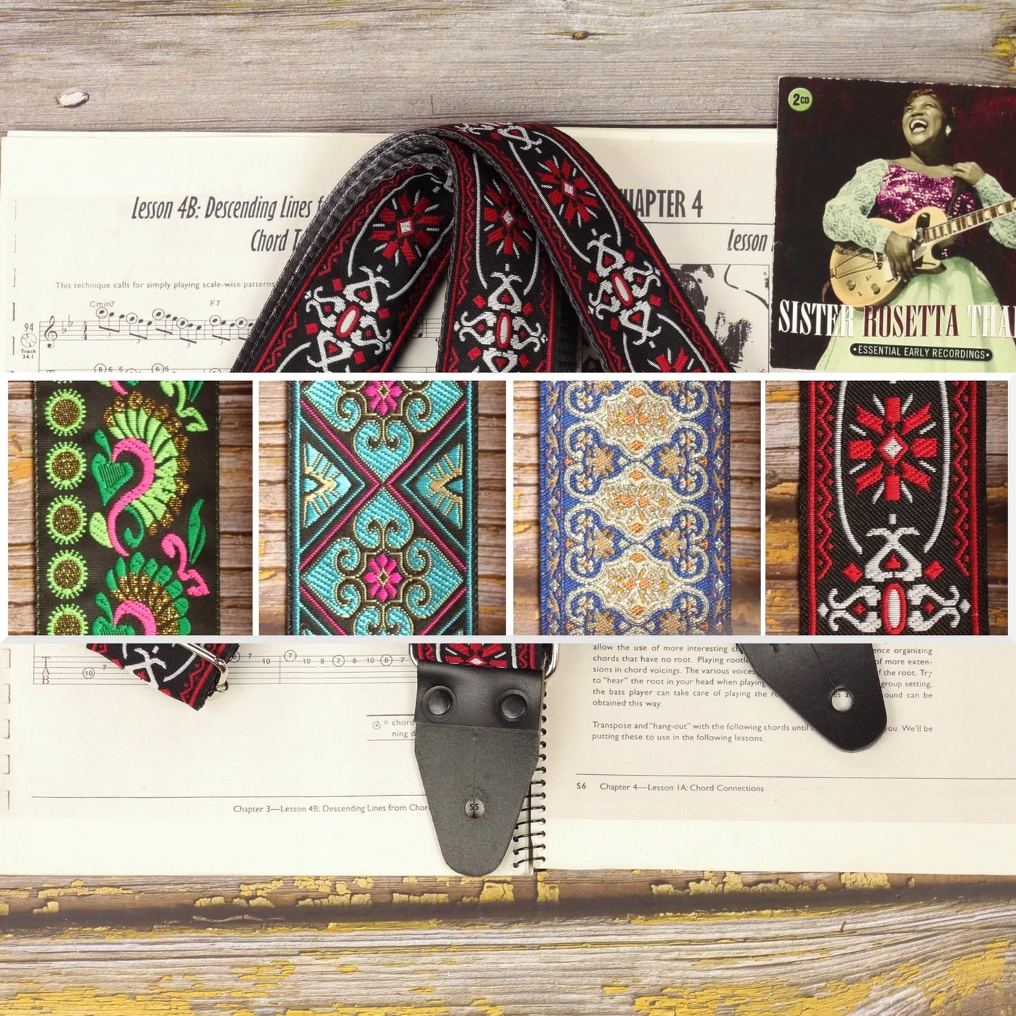 Blackdoor guitar strap featured alongside a collage showing the four Studio Selection designs: Swann Green, Blue Ocean, Blue Gothian and Blackdoor.