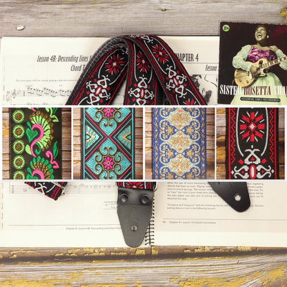Blackdoor guitar strap featured alongside a collage showing the four Studio Selection designs: Swann Green, Blue Ocean, Blue Gothian and Blackdoor.