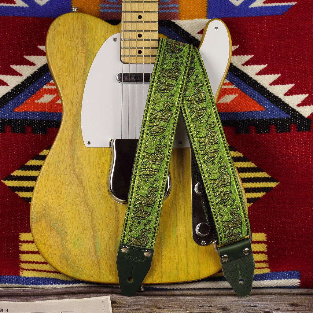 Vintage bohemian aesthetic guitar strap with green colors and elephants - paired with a Fender Telecaster 2