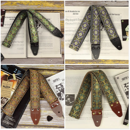 Vintage psychedelic long guitar straps in jacquard pattern Old School XL series with multiple color variations