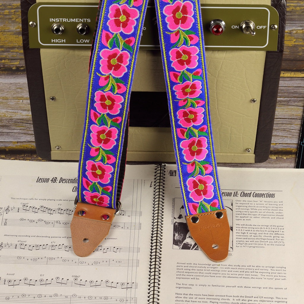 vintage guitar strap with poppy flowers