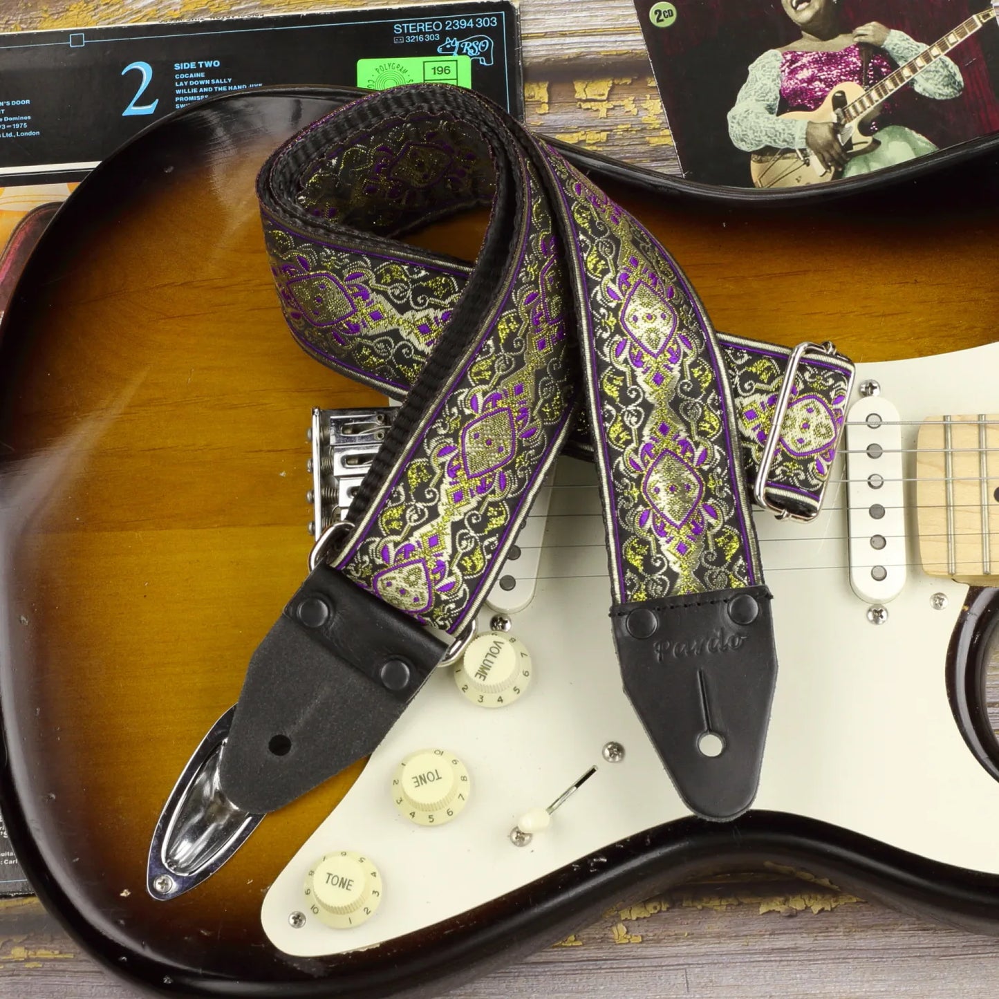 Violet gold psychedelic long guitar strap in jacquard Old School XL Series