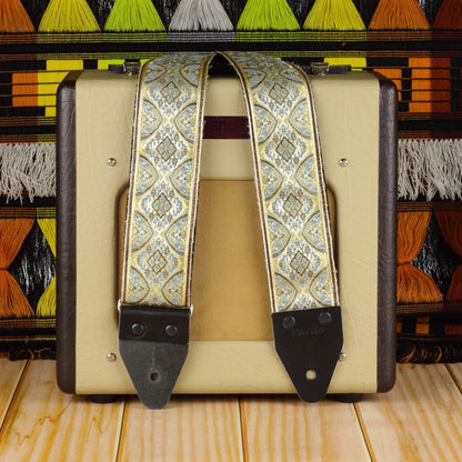 Soft Mirage wide long psychedelic guitar strap in pastel tones with Fender Champion 600 amplifier