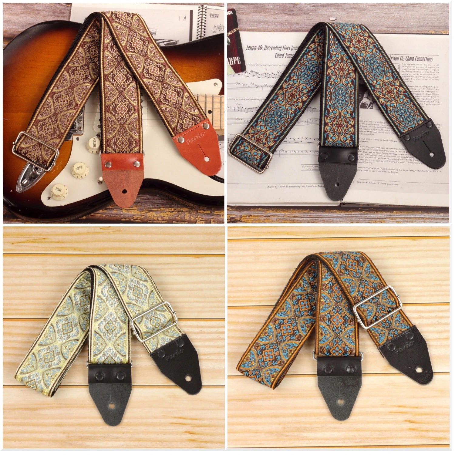 set of four wide long psychedelic jacquard guitar straps in different color variations (70 inch, 2.5 inch wide)