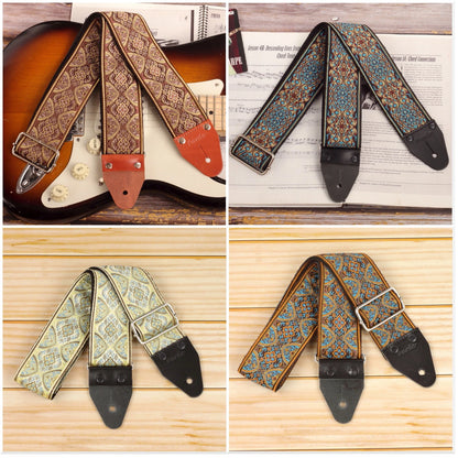 set of four wide long psychedelic jacquard guitar straps in different color variations (70 inch, 2.5 inch wide)