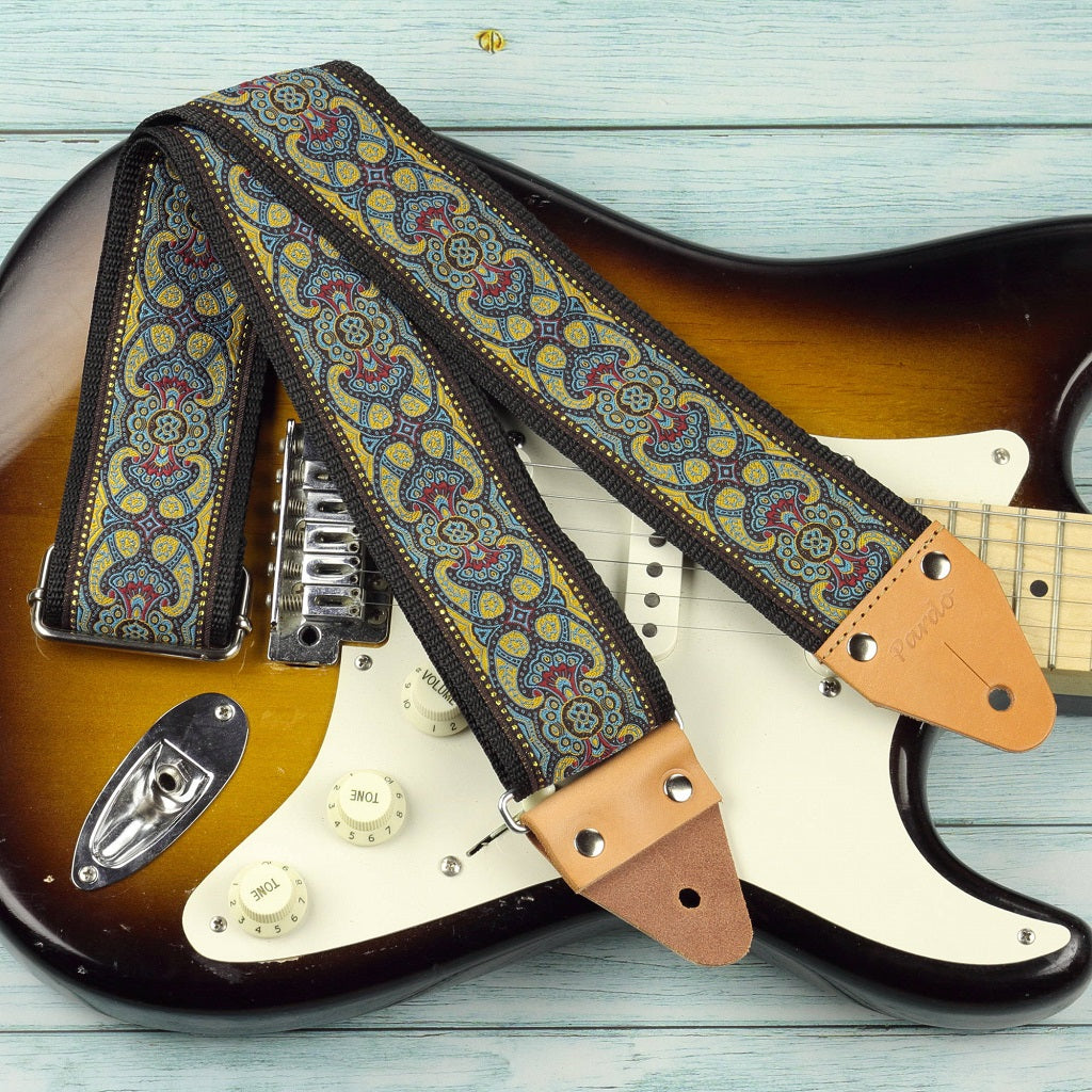 wide guitar strap with retro pattern model blue Lake
