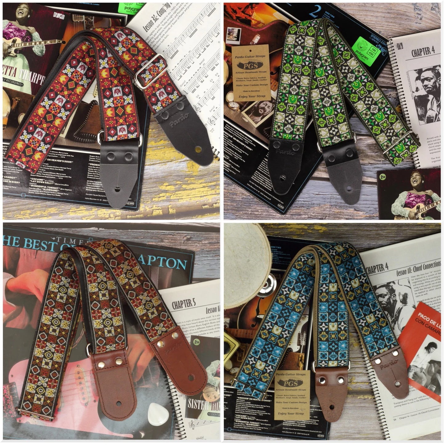 Woodstock-inspired jacquard guitar strap in XL format showing multiple color variations including red, blue, green, brown and dark blue