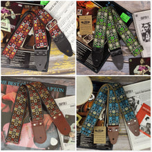 Woodstock-inspired jacquard guitar strap in XL format showing multiple color variations including red, blue, green, brown and dark blue