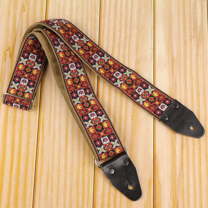 Woodstock-inspired jacquard guitar strap XL in Festival Red with geometric woven pattern