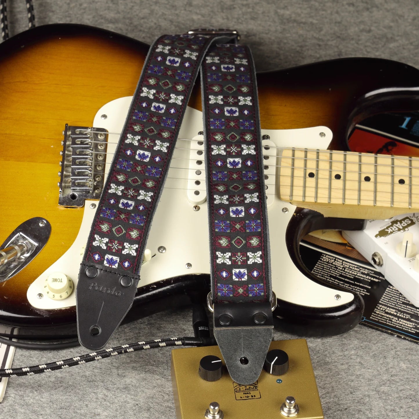 Woodstock-inspired jacquard guitar strap XL in Midnight Blue with bold geometric woven pattern