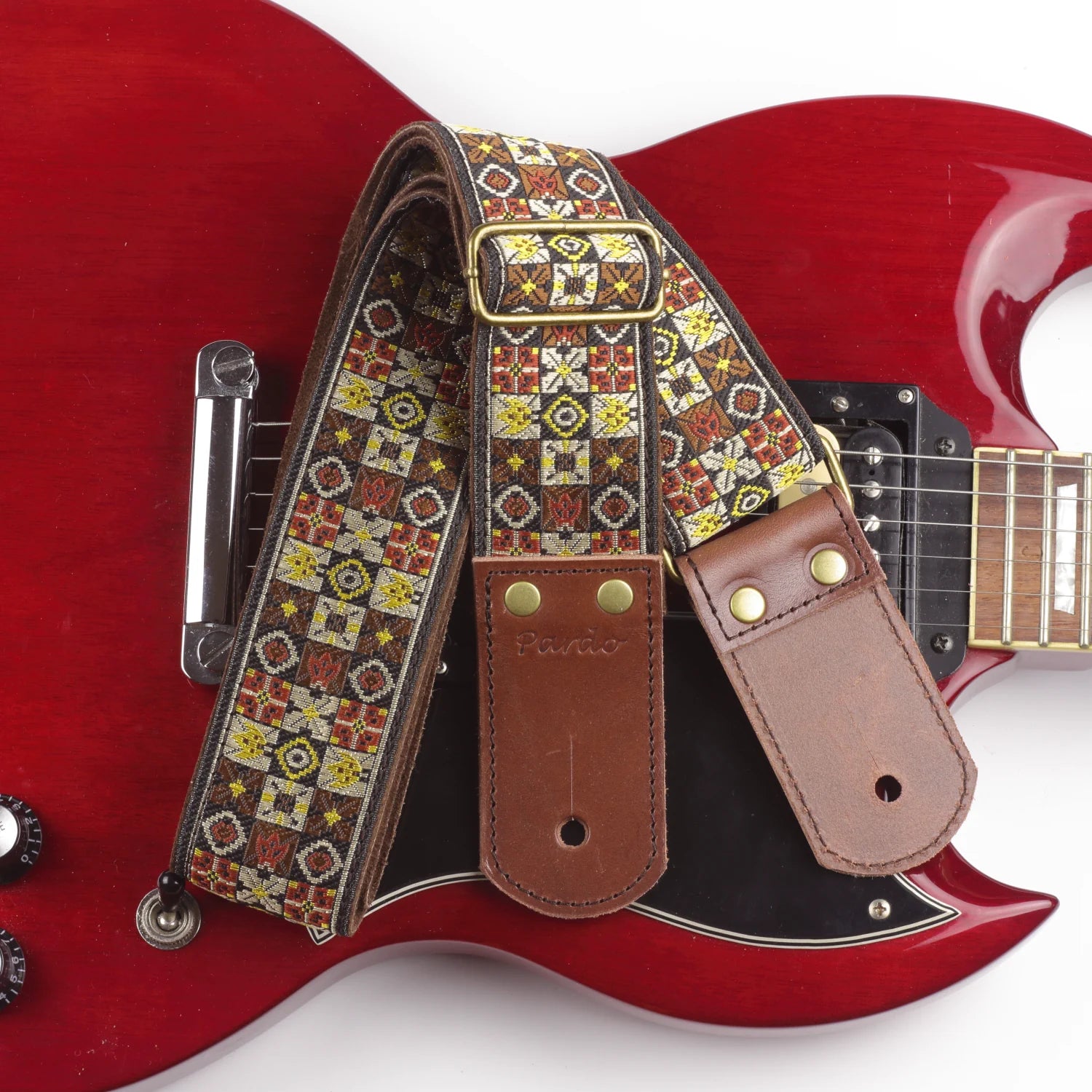 Woodstock-inspired jacquard guitar strap XL in Rust Brown with classic woven geometric pattern