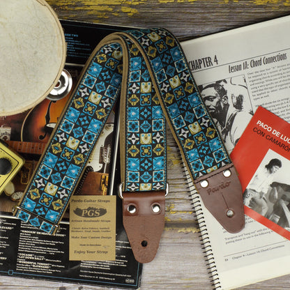 Woodstock-inspired jacquard guitar strap XL in Vintage Blue featuring geometric woven design