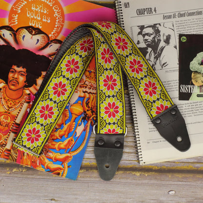 Yellow boho floral long guitar strap bright hippie jacquard style