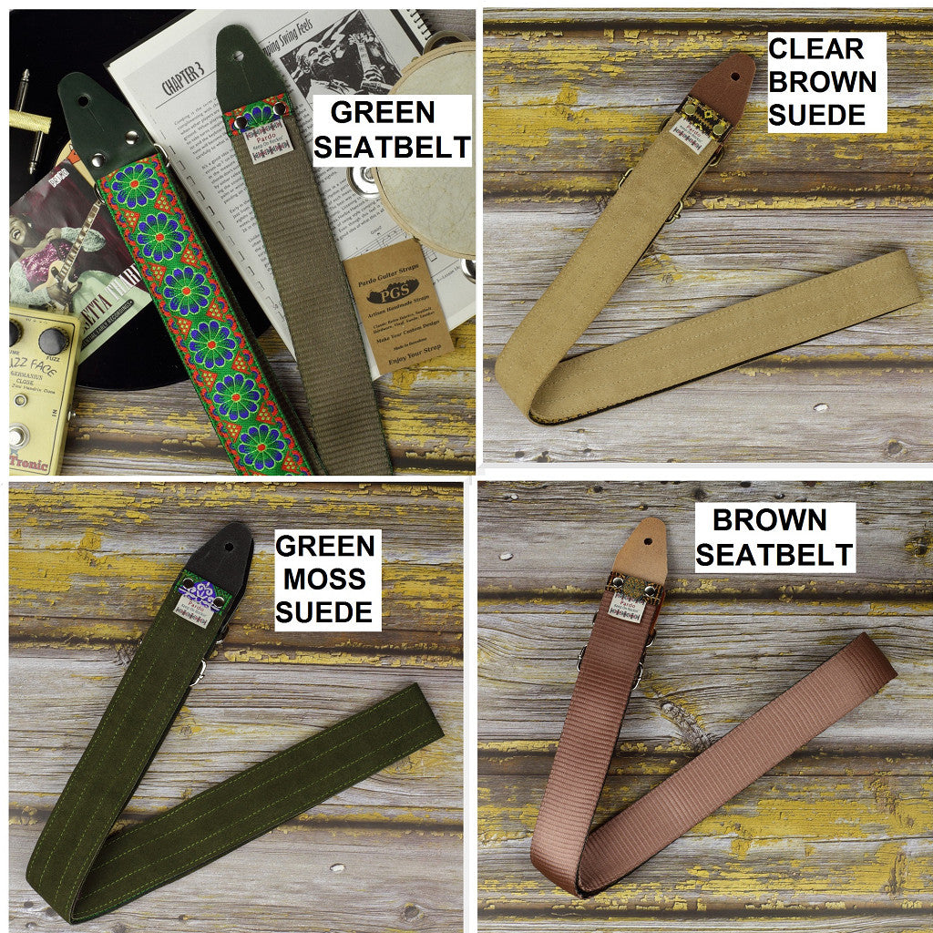 Backside materials and colors available:  green seatbelt, clear brown suede, green moss suede, brown seatbelt